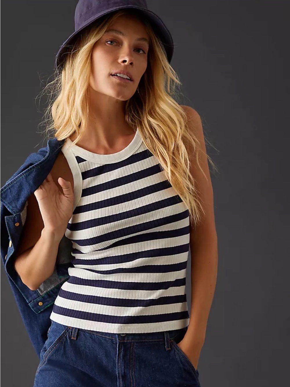 MOTHER Ribbed Striped Tank - Navy & White